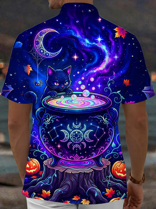 Adaychic Men's Short Sleeve Shirt - Halloween Black Cat And Cauldron With Stars Print with Chest Pocket