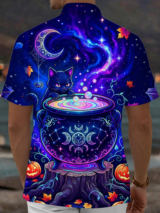 Adaychic Men's Short Sleeve Shirt - Halloween Black Cat And Cauldron With Stars Print with Chest Pocket
