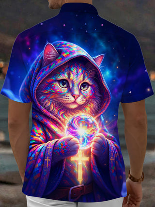 Adaychic Men's Short Sleeve Shirt - Colorful Hooded Cat With Crystal Ball And Cross Print with Chest Pocket