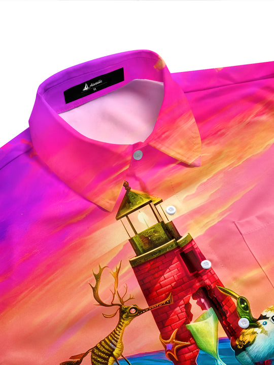 Men's multicolor Hawaiian short sleeve shirt with ocean turtle print side view