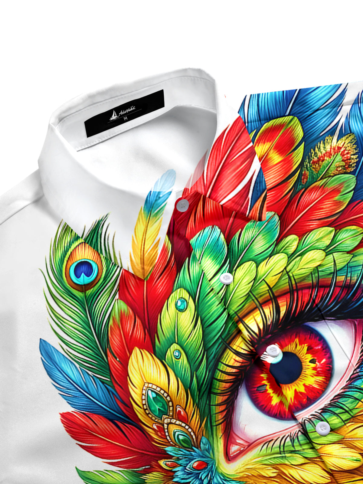 men's side view short sleeve shirt with peacock feather pattern