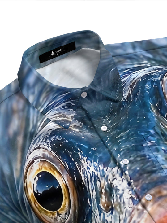 Adaychic Men's Graphic 3D Realistic Fish Face Print Short Sleeve Button Down Shirt with Chest Pocket