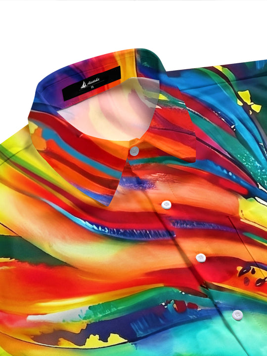 Adaychic Men's Green Abstract Colorful Swirl Print Short Sleeve Button Down Shirt with Chest Pocket