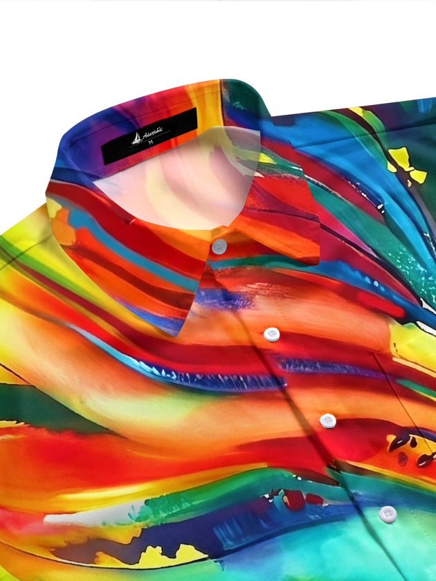 Adaychic Men's Green Abstract Colorful Swirl Print Short Sleeve Button Down Shirt with Chest Pocket