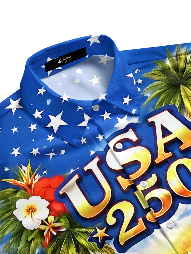 Men's American flag print short sleeve shirt side view