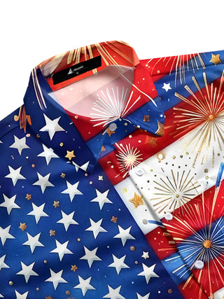 Men's red white blue patriotic print short sleeve pocket shirt side view
