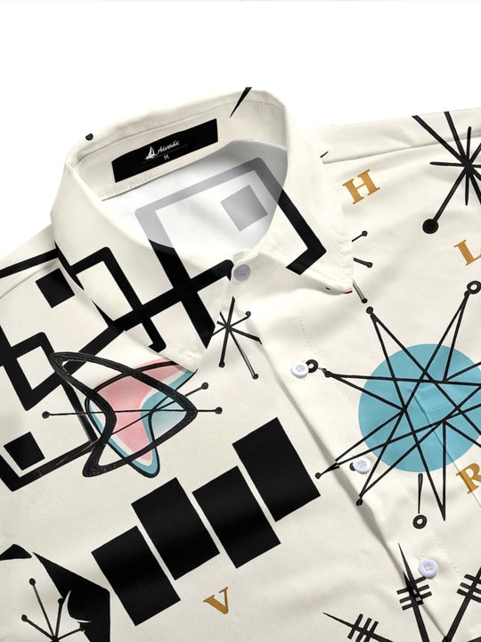 Adaychic Men's Geometric Abstract Retro Atomic Starburst Print Short Sleeve Button Down Shirt with Chest Pocket