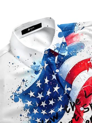 Men's patriotic print short sleeve shirt, side view with American flag design