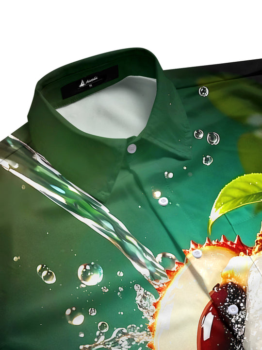Men's Hawaiian tropical fruit print short sleeve shirt side view