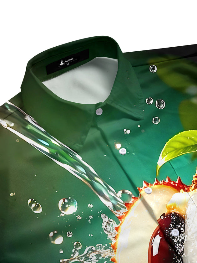Men's Hawaiian tropical fruit print short sleeve shirt side view
