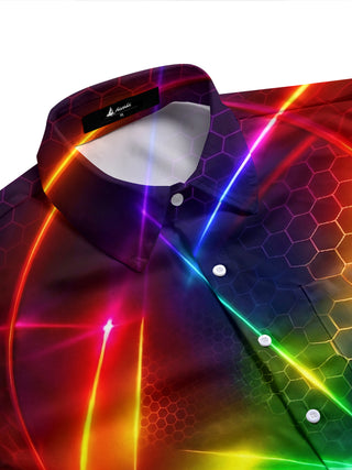 Adaychic Men's Graphic Abstract Neon Hexagon Geometric Print Short Sleeve Button Down Shirt with Chest Pocket