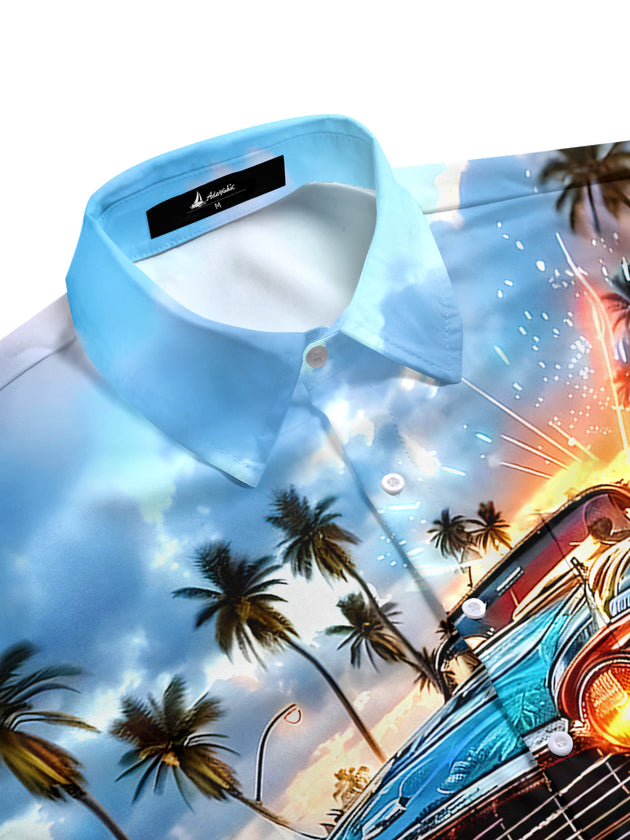 Men's side view aloha short sleeve shirt with tie dye tropical palm print
