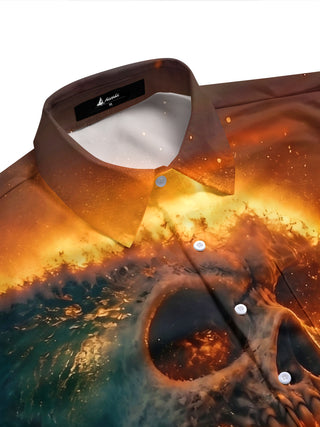 Adaychic Men's Hawaiian Skull Wave Sunset Print Short Sleeve Shirt with Chest Pocket