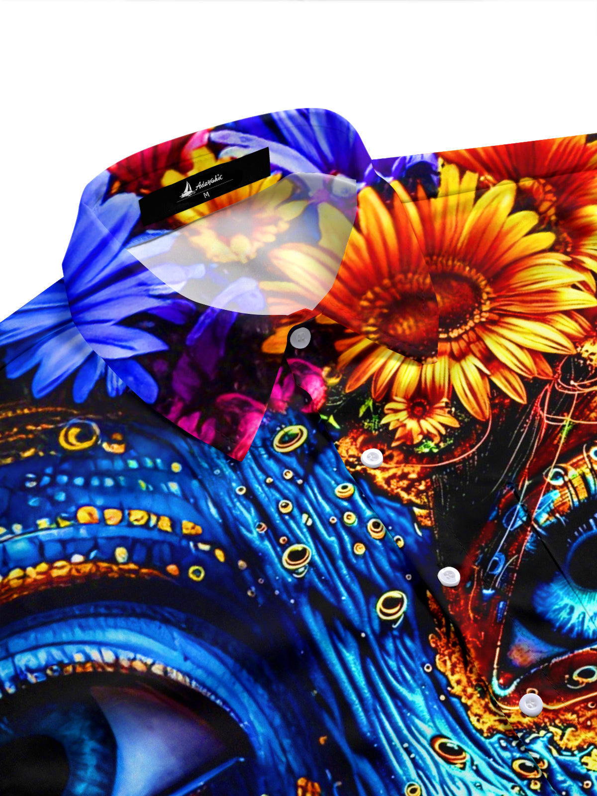 Adaychic Men's Graphic 3D Surreal Face Sunflower Village Print Short Sleeve Button Down Shirt with Chest Pocket