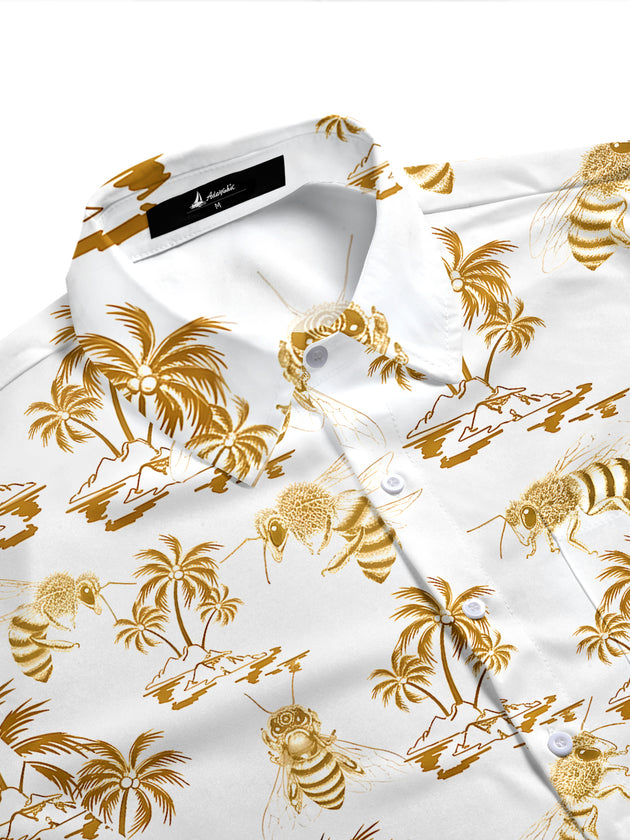 Men's tropical aloha shirt side view with floral print and pocket detail