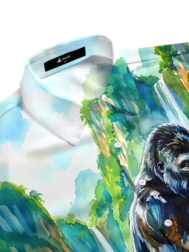 Men's short sleeve aloha shirt side view with tropical leaf pattern