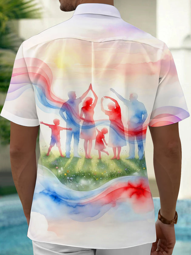 Adaychic Men's Printed Watercolor Family Silhouette Print Short Sleeve Shirt with Chest Pocket