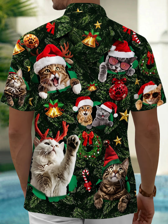 Adaychic Men's Hawaiian Christmas Cats Print Short Sleeve Shirt with Chest Pocket