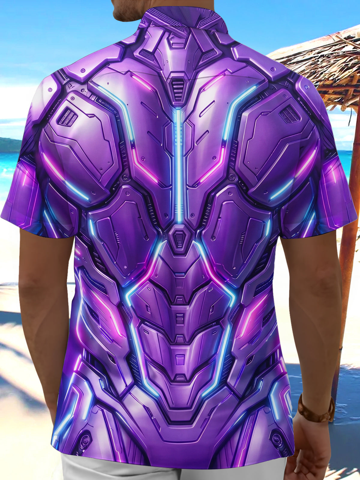 Adaychic Men's 3D Cyber Mecha Torso Print Short Sleeve Shirt with Chest Pocket