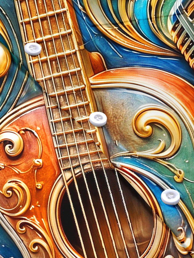Adaychic Men's 3D 3D Relief Guitar Print Music Notes Print Short Sleeve Shirt with Chest Pocket