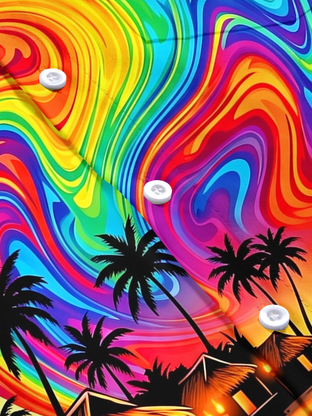 Adaychic Men's Short Sleeve Shirt - Psychedelic Rainbow Sunset With Palm Trees And Beach Huts Print with Chest Pocket