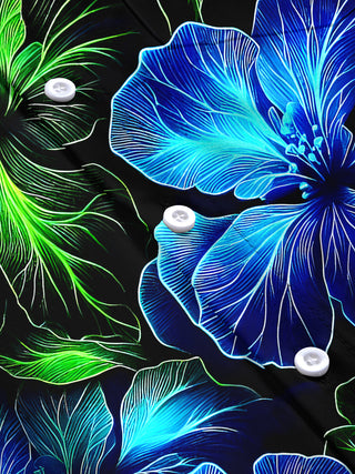 Men's blue Hawaiian floral short sleeve shirt flat lay view