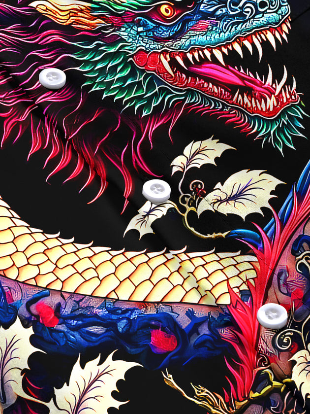 Men's dragon print short sleeve pocket shirt flat lay emphasizing intricate dragon pattern details
