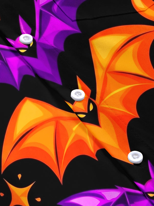 Adaychic Men's Halloween Bats And Crescent Moons Print Short Sleeve Shirt with Chest Pocket