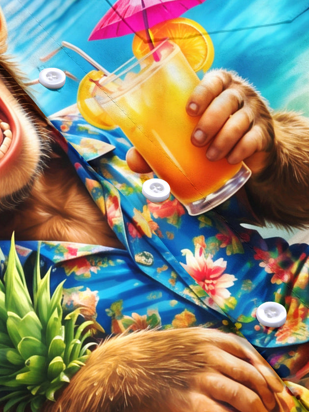 Adaychic Men's Monkey With Tropical Fruits And Drinks Print Short Sleeve Shirt with Chest Pocket