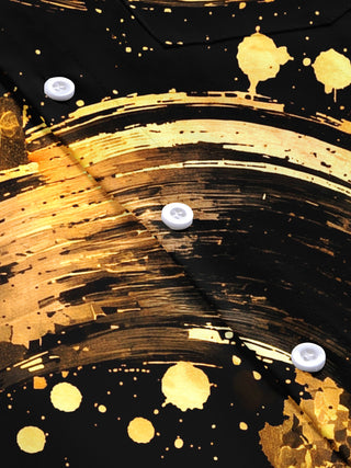 Adaychic Men's Short Sleeve Shirt - Abstract Gold And Black Swirls With Splatters Print with Chest Pocket
