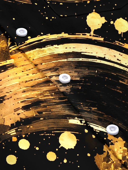 Adaychic Men's Short Sleeve Shirt - Abstract Gold And Black Swirls With Splatters Print with Chest Pocket