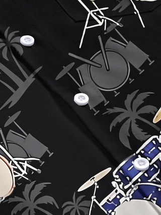 Adaychic Men's Hawaiian Drum Set Pattern Short Sleeve Shirt with Chest Pocket