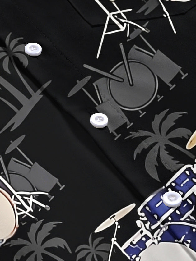 Adaychic Men's Hawaiian Drum Set Pattern Short Sleeve Shirt with Chest Pocket