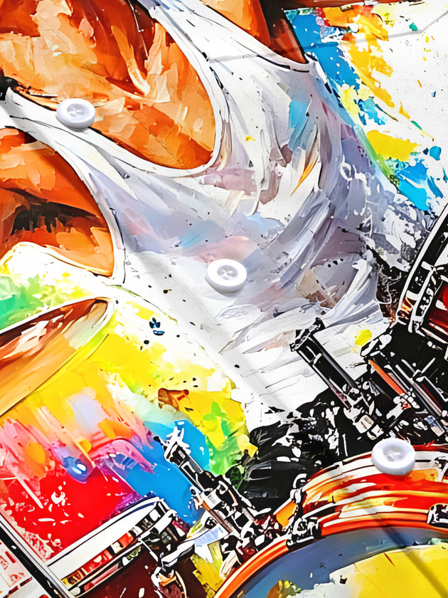 Adaychic Men's Drummer Paint Splatter Graphic Print Short Sleeve Button Down Shirt with Chest Pocket