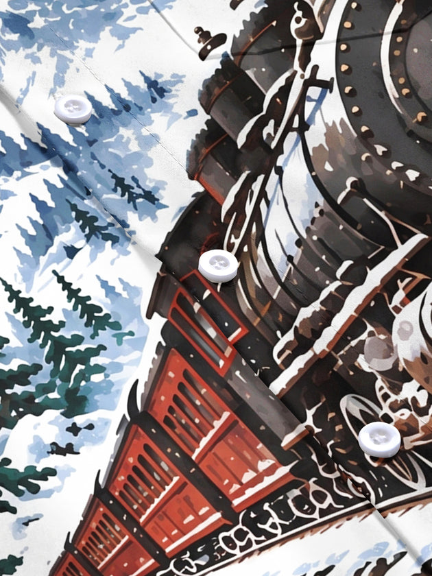 Adaychic Men's Short Sleeve Shirt - Vintage Steam Train In Snowy Mountain Landscape Print with Chest Pocket