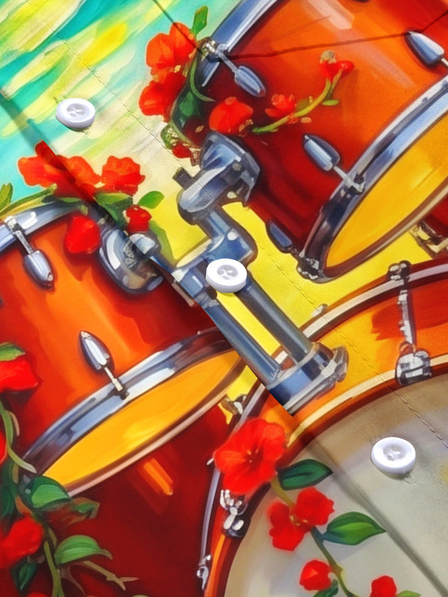 Adaychic Men's Hawaiian Drum Set With Red Flowers Print Short Sleeve Shirt with Chest Pocket
