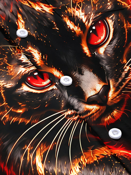 Adaychic Men's Short Sleeve Shirt - Black Cat With Red Eyes Bursting Through Fabric Print with Chest Pocket