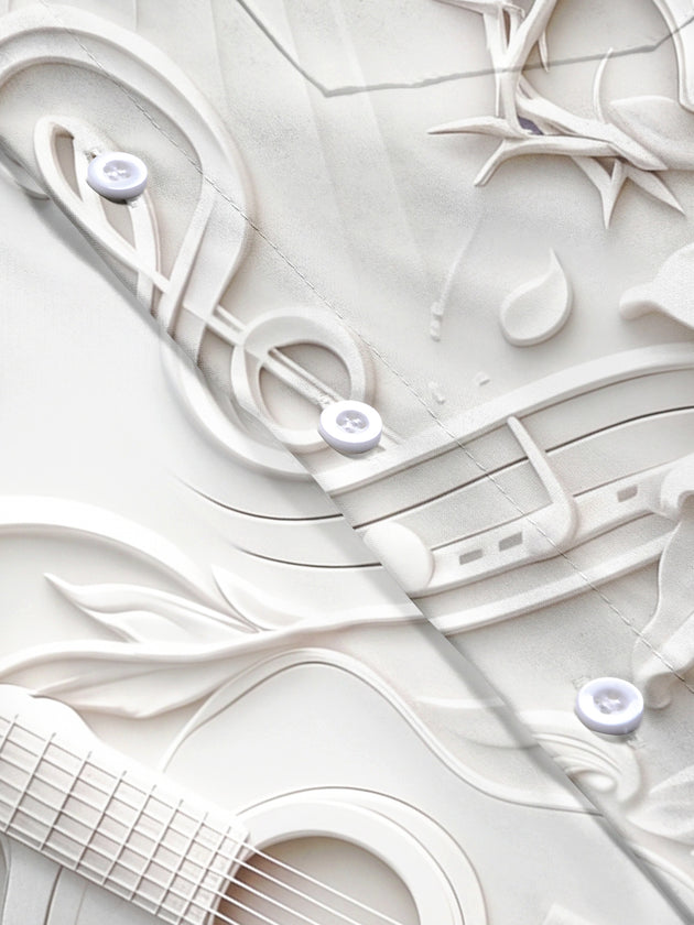 Adaychic Men's Short Sleeve Shirt - Embossed Guitar And Cross With Lily Flowers Print with Chest Pocket