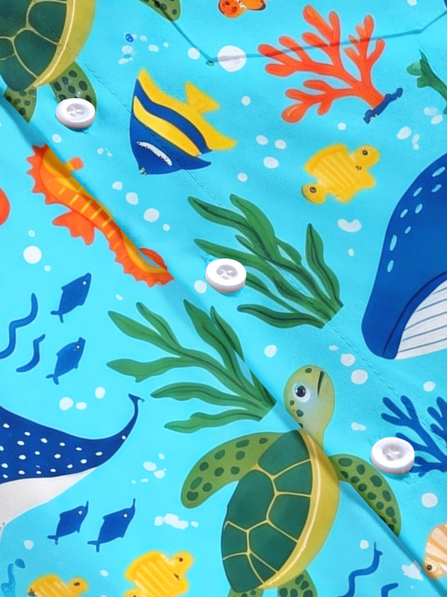 Adaychic Men's Marine Life And Ocean Creatures Print Short Sleeve Shirt with Chest Pocket