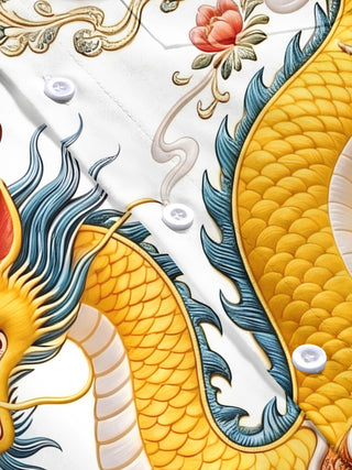 Adaychic Men's Graphic Chinese Dragon Print Short Sleeve Shirt with Chest Pocket