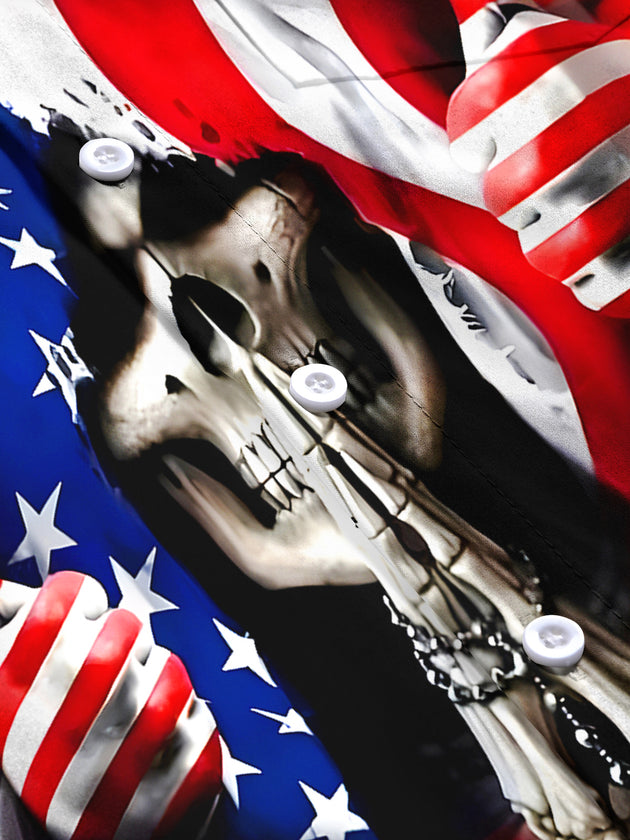 Men's American flag skull print short sleeve shirt flat lay pattern view