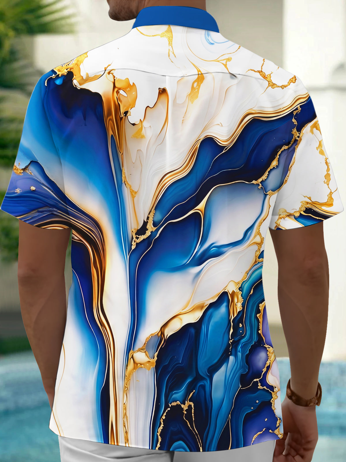Adaychic Men's Printed Blue Gold Fluid Marble Print Short Sleeve Shirt with Chest Pocket