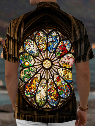 Adaychic Men's Church Stained Glass Zodiac Totem Printed Pattern Print Short Sleeve Shirt with Chest Pocket