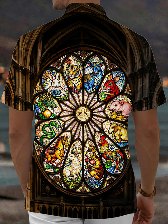 Adaychic Men's Church Stained Glass Zodiac Totem Printed Pattern Print Short Sleeve Shirt with Chest Pocket