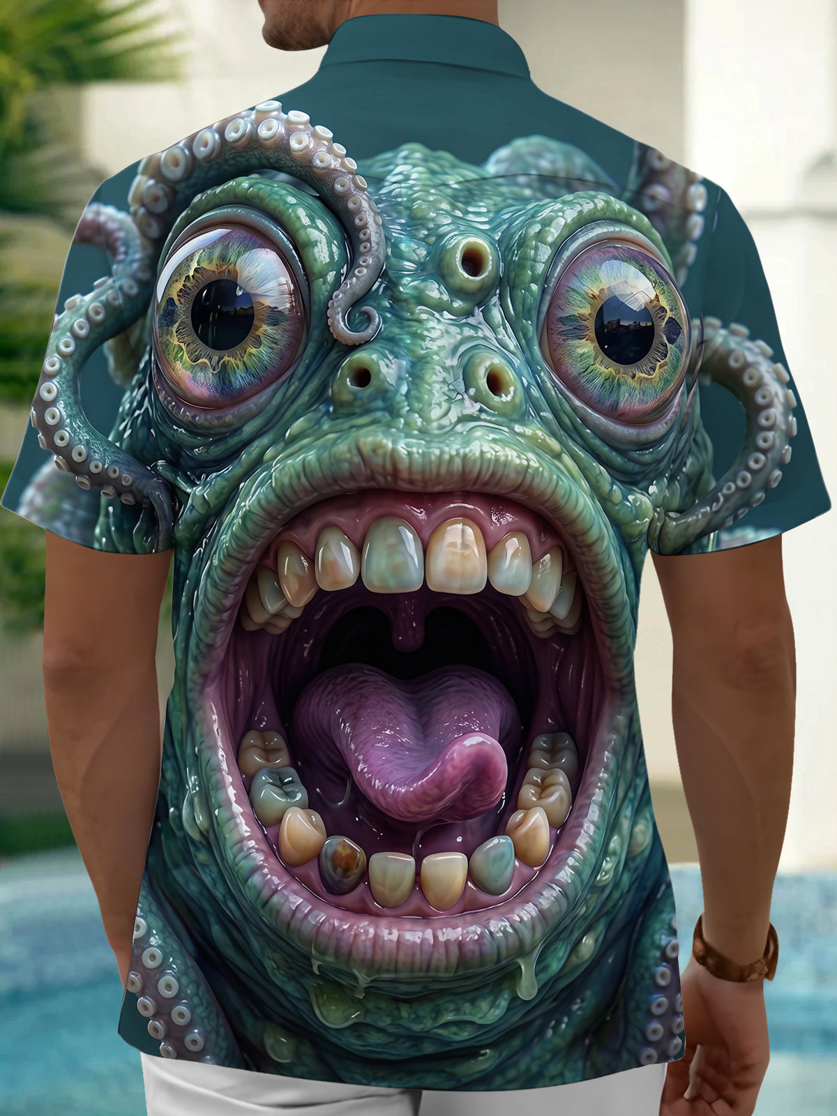 Adaychic Men's Graphic Octopus Monster Face Print Short Sleeve Shirt with Chest Pocket
