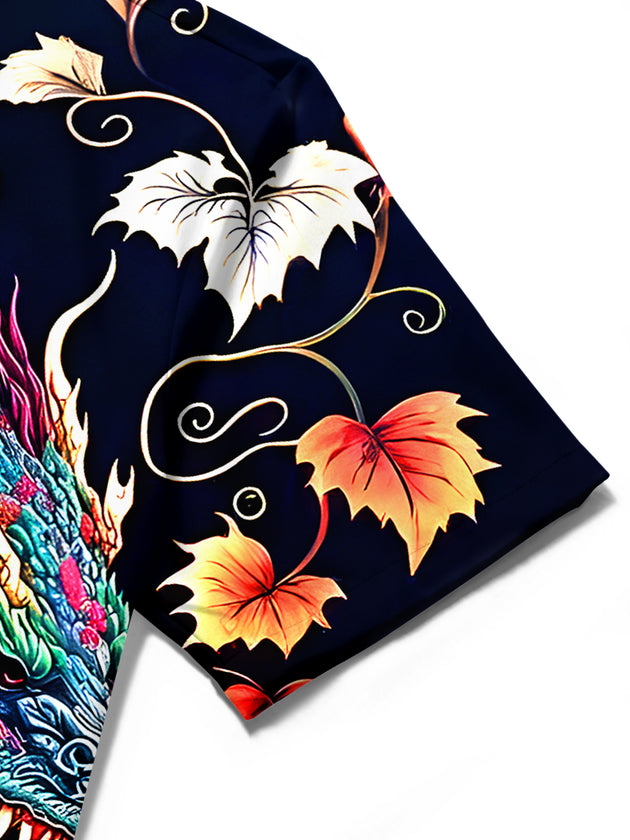 men's dragon print shirt close-up short sleeve