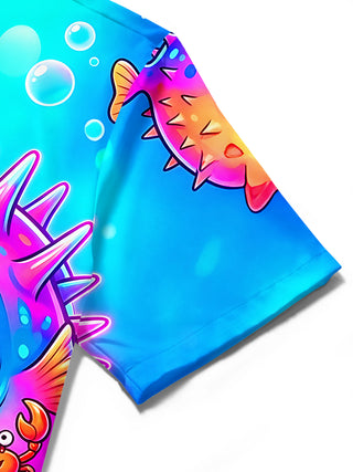 Adaychic Men's Hawaiian Colorful Cartoon Pufferfish Print Short Sleeve Shirt with Chest Pocket