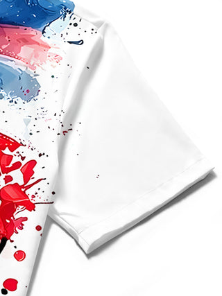 Men's American flag print short sleeve shirt close-up detail of pocket stitching