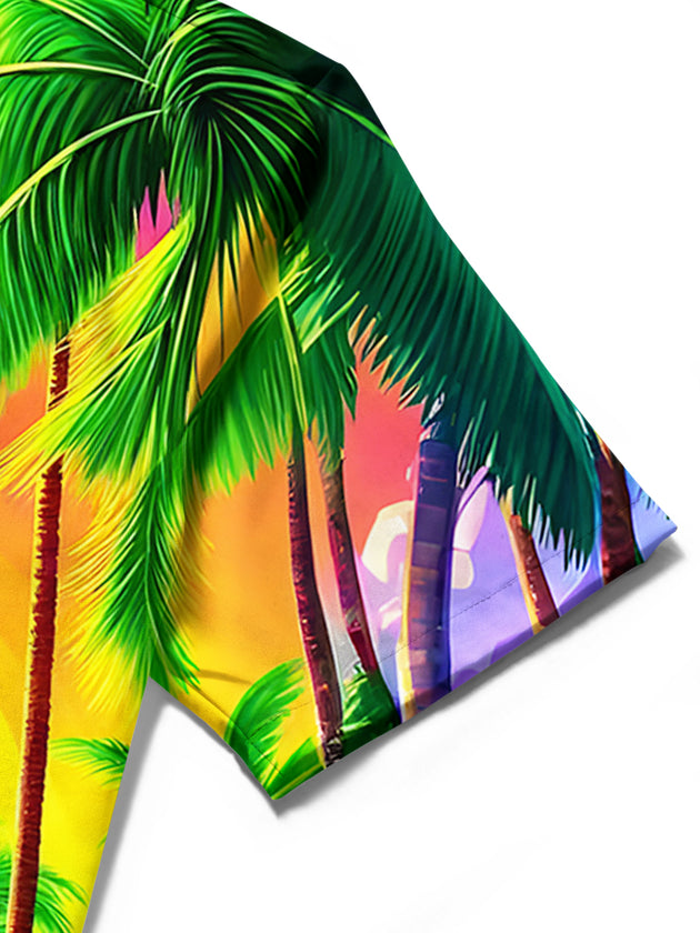 Men's Hawaiian wave print short sleeve shirt close-up detail