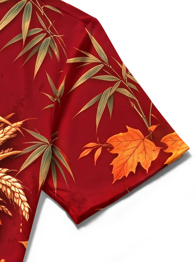 Adaychic Men's Short Sleeve Shirt - Thanksgiving Harvest Cornucopia With Wheat And Autumn Leaves Print with Chest Pocket